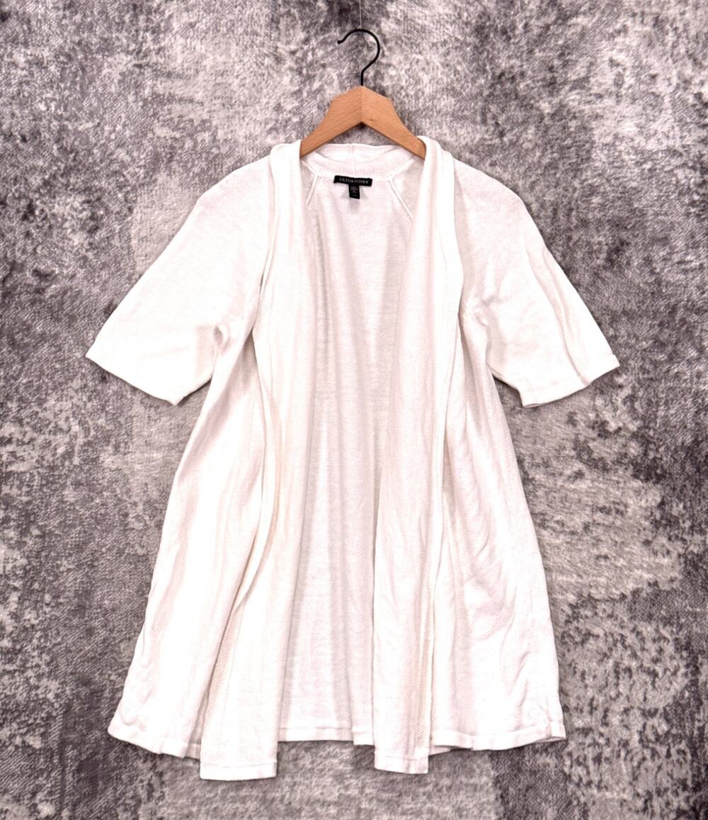 Eileen Fisher Cardigan Large Womens Organic Linen Cotton Knit White Open